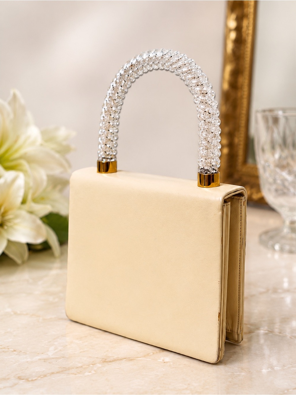Vintage Koret 1950s Ivory Leather Handbag with Lucite Handle | Made in Italy